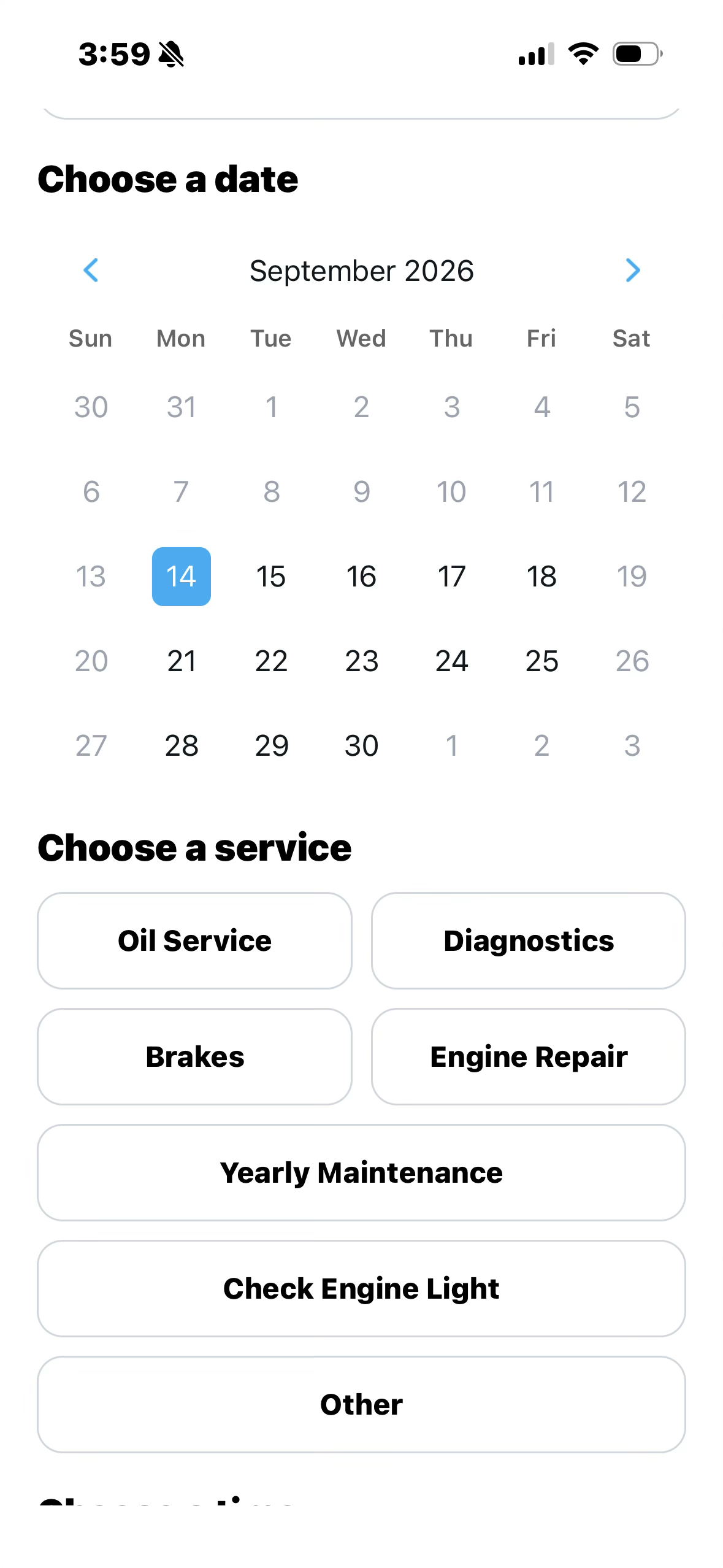 Westside Auto Care mobile appointment booking screen for customer service requests