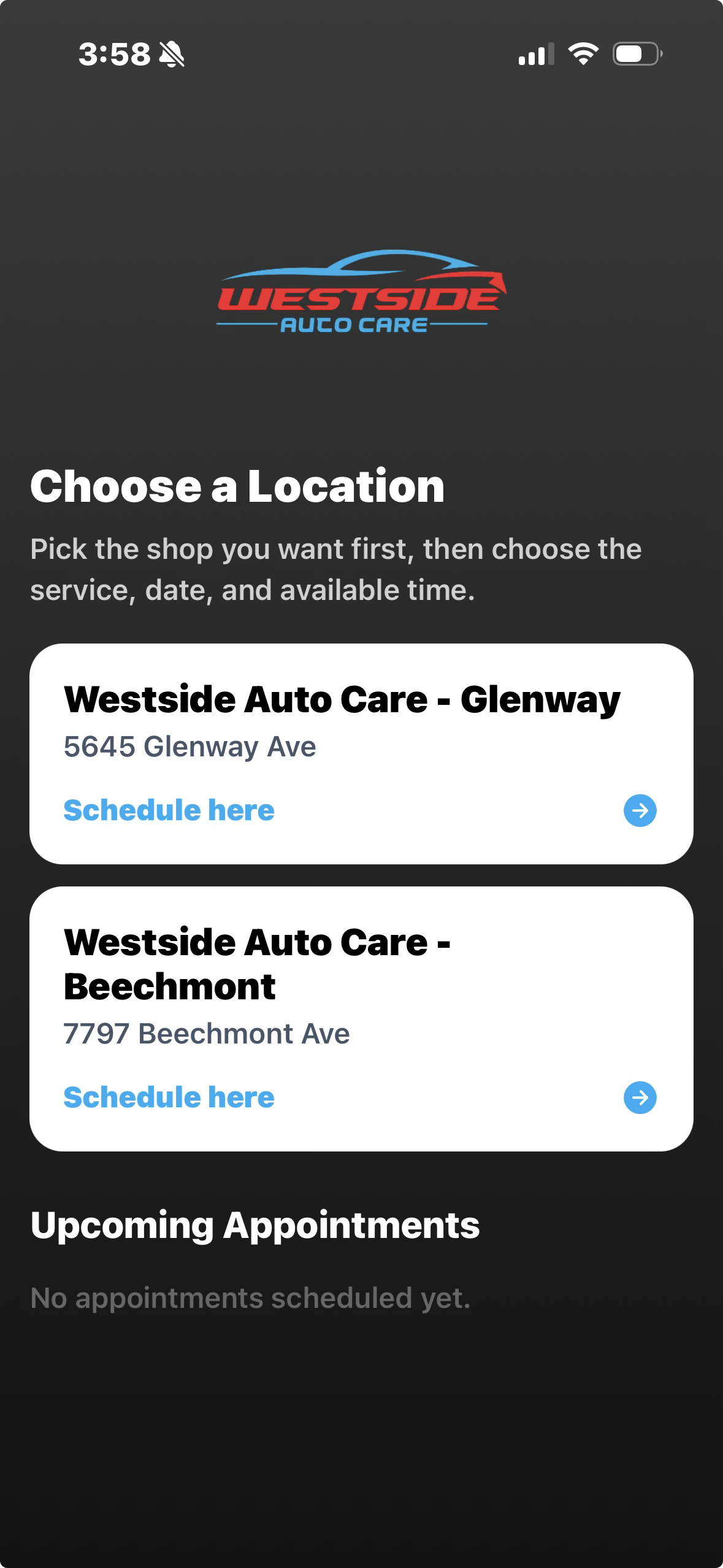 Westside Auto Care branded mobile app home screen with shop locations and appointment access